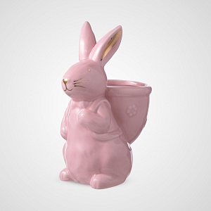 Керамическая Розовая Бонбоньерка / Кашпо "Кролик Лаки с Рюкзаком" Малая