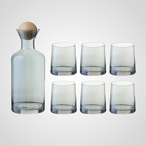 Светло-Синий Стеклянный Набор : Графин с Деревянной Пробкой и 6 Стаканов 